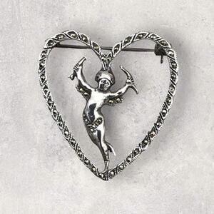 Victorian Sterling Silver Cupid Angel Pin Heart Brooch Hematite Black/Silver